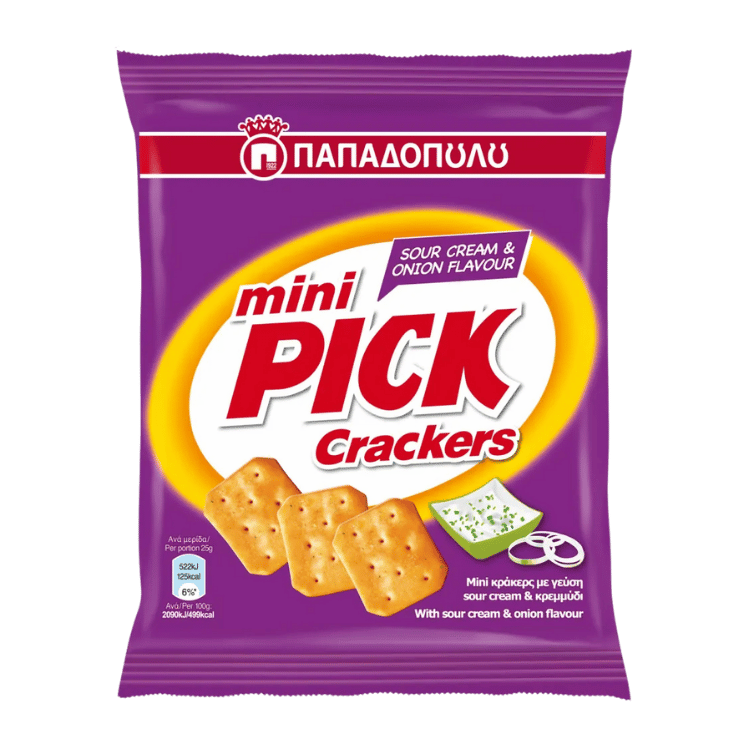 Mini Pick Crackers Sour Creme & Zwiebeln (70g) Papadopoulou von Papadopoulos bei Araxxon - Hochwertiges griechisches Produkt. Mini Pick Crackers Sour Creme & Zwiebeln (70g) Papadopoulou από Papadopoulos στο Araxxon - Αυθεντικό ελληνικό προϊόν.